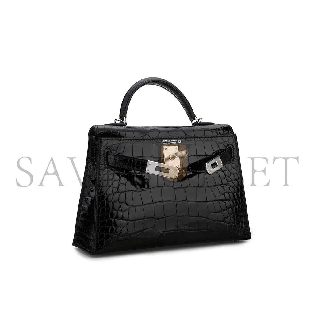 HERMÈS MASTER A SHINY BLACK ALLIGATOR MINI KELLY II WITH PALLADIUM HARDWARE (19*12*5.5cm)